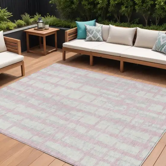 Pink Gray And Ivory Striped Washable Indoor Outdoor Area Rug Photo 1