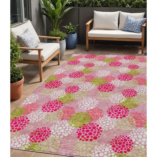 Pink Green And Ivory Polka Dot Washable Indoor Outdoor Area Rug Photo 1