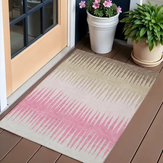 Pink Ivory And Brown Striped Washable Indoor Outdoor Area Rug Photo 1