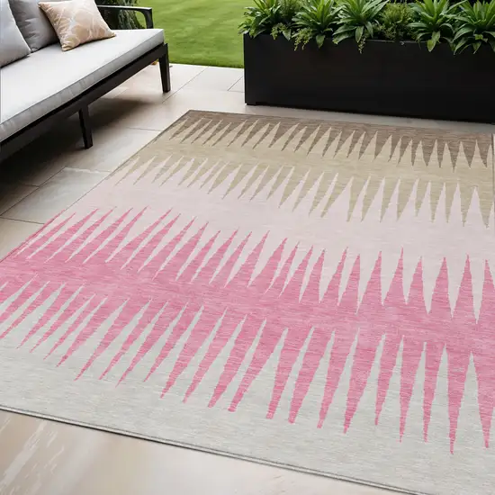 Pink Ivory And Brown Striped Washable Indoor Outdoor Area Rug Photo 1