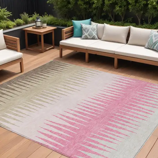 Pink Ivory And Brown Striped Washable Indoor Outdoor Area Rug Photo 1