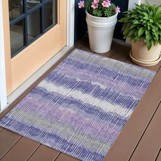 Purple And Gray Striped Washable Indoor Outdoor Area Rug Photo 1