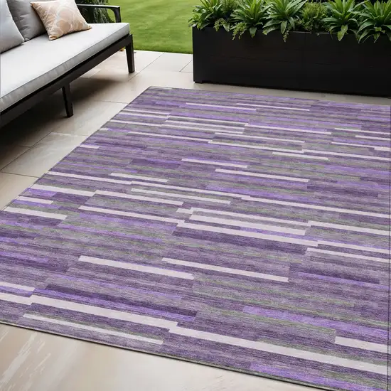 Purple And Gray Striped Washable Indoor Outdoor Area Rug Photo 1