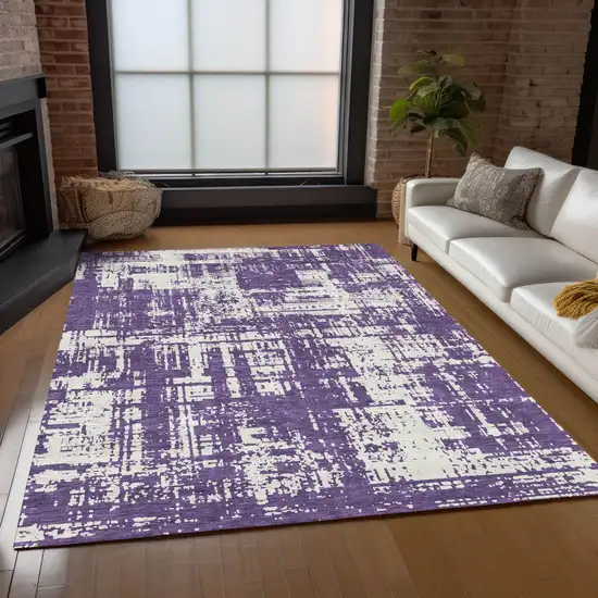 Purple And Ivory Abstract Washable Indoor Outdoor Area Rug Photo 9