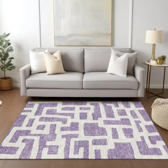 Purple And Ivory Abstract Washable Indoor Outdoor Area Rug Photo 9