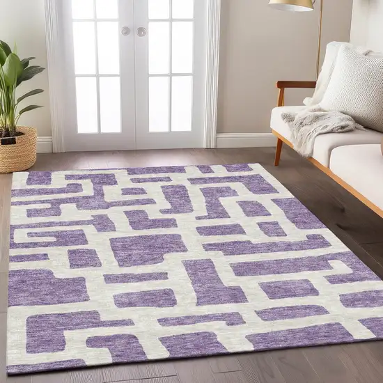 Purple And Ivory Abstract Washable Indoor Outdoor Area Rug Photo 9