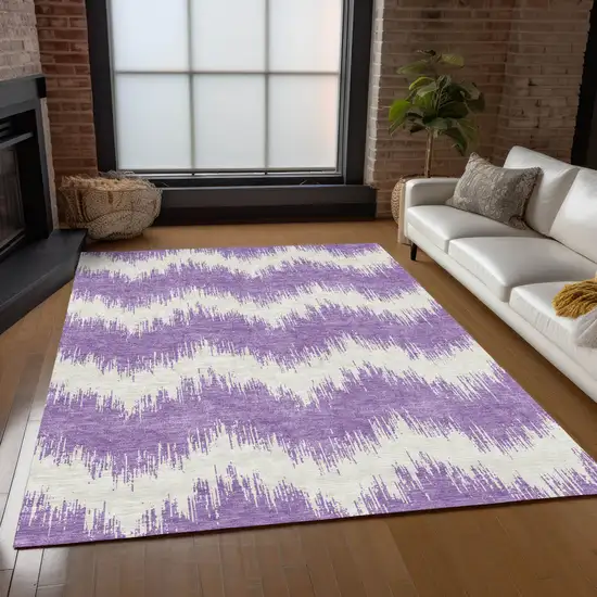 Purple And Ivory Chevron Washable Indoor Outdoor Area Rug Photo 9