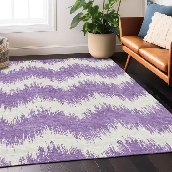 Purple And Ivory Chevron Washable Indoor Outdoor Area Rug Photo 8