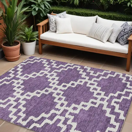Purple And Ivory Geometric Washable Indoor Outdoor Area Rug Photo 1