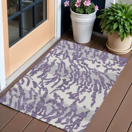 Purple Gray And Ivory Animal Print Washable Indoor Outdoor Area Rug Photo 1