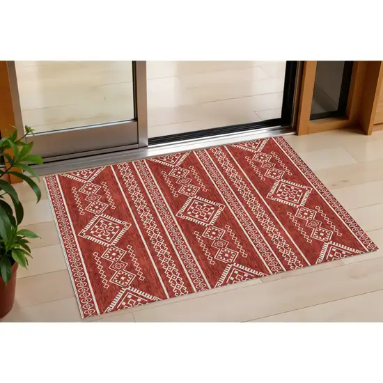 Red And Ivory Southwestern Washable Indoor Outdoor Area Rug Photo 1