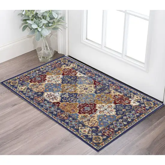 Red Blue and Light Brown Ogee Distressed Non Skid Area Rug Photo 1