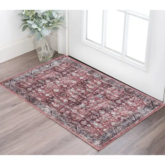 Red and Ivory Floral Power Loom Distressed Washable Non Skid Area Rug Photo 1