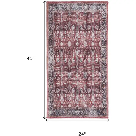 Red and Ivory Floral Power Loom Distressed Washable Non Skid Area Rug Photo 3
