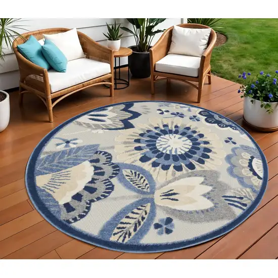 Blue And Gray Round Floral Indoor Outdoor Area Rug Photo 1
