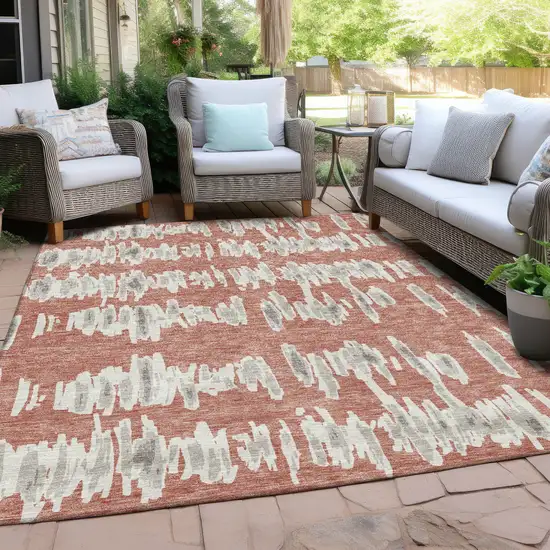 Salmon And Gray Striped Washable Indoor Outdoor Area Rug Photo 9