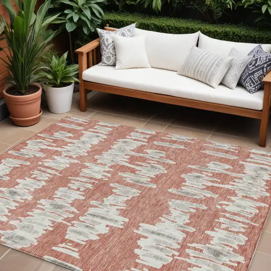 Salmon And Gray Striped Washable Indoor Outdoor Area Rug Photo 1