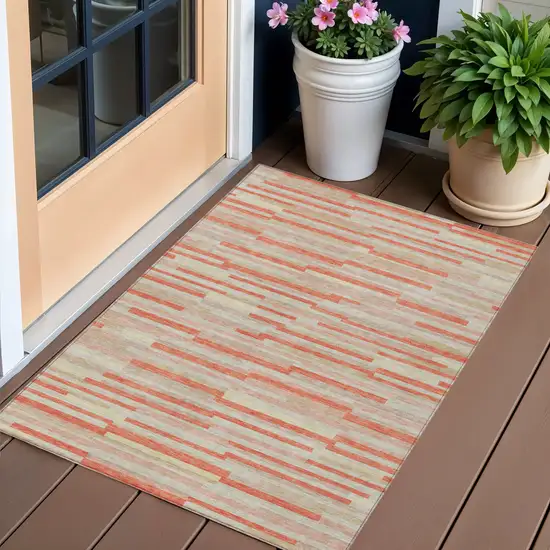 Salmon Gray And Beige Striped Washable Indoor Outdoor Area Rug Photo 1