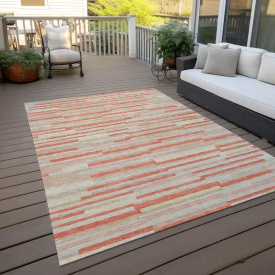 Salmon Gray And Beige Striped Washable Indoor Outdoor Area Rug Photo 8