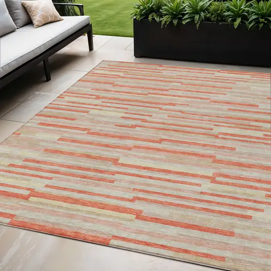 Salmon Gray And Beige Striped Washable Indoor Outdoor Area Rug Photo 1