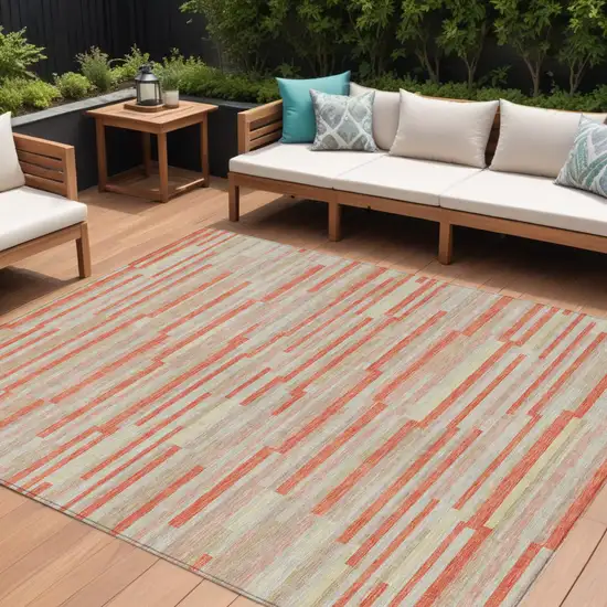 Salmon Gray And Beige Striped Washable Indoor Outdoor Area Rug Photo 1