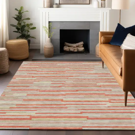 Salmon Gray And Beige Striped Washable Indoor Outdoor Area Rug Photo 9