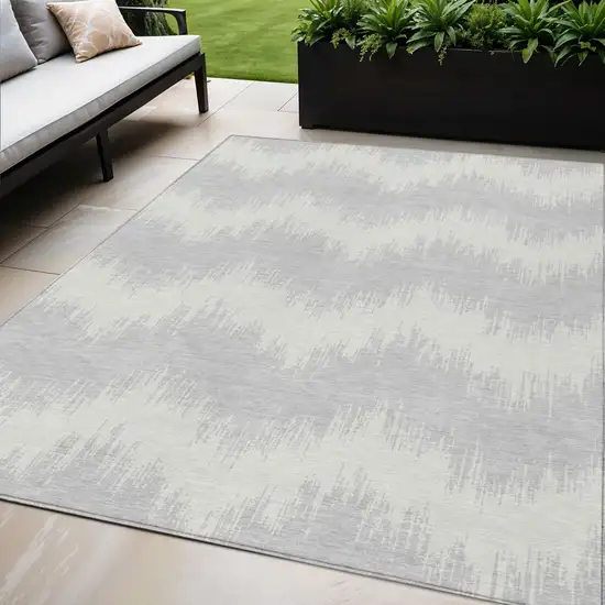 Silver And Gray Chevron Washable Indoor Outdoor Area Rug Photo 1