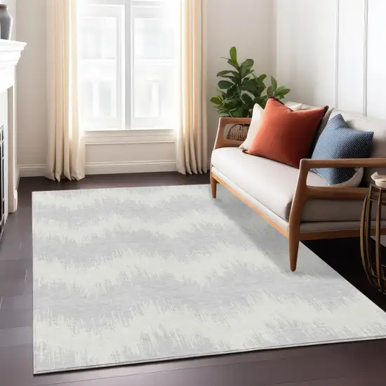 Silver And Gray Chevron Washable Indoor Outdoor Area Rug Photo 9