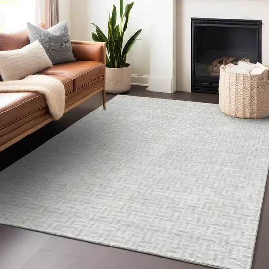 Silver And Gray Geometric Washable Indoor Outdoor Area Rug Photo 9