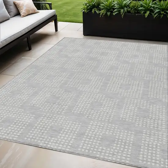 Silver And Ivory Geometric Washable Indoor Outdoor Area Rug Photo 1