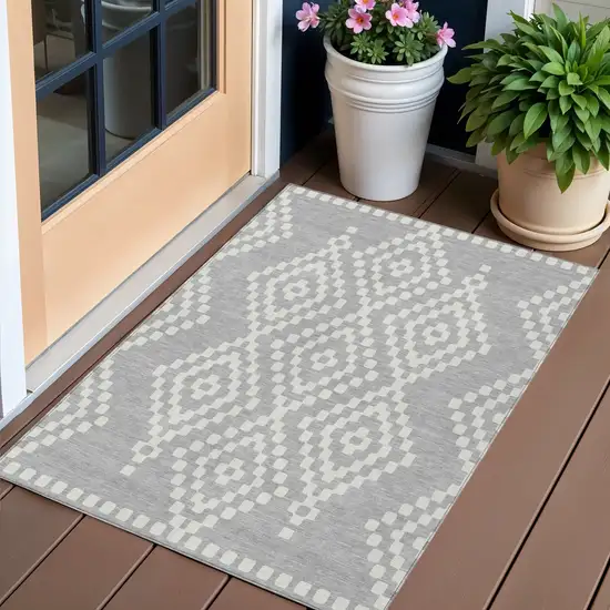 Silver And Ivory Geometric Washable Indoor Outdoor Area Rug Photo 1