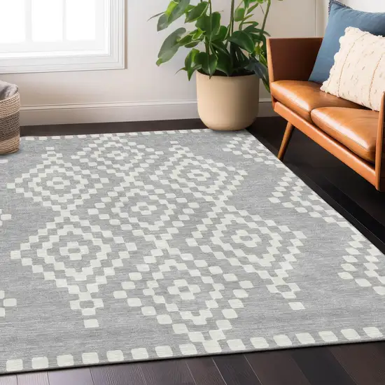 Silver And Ivory Geometric Washable Indoor Outdoor Area Rug Photo 9