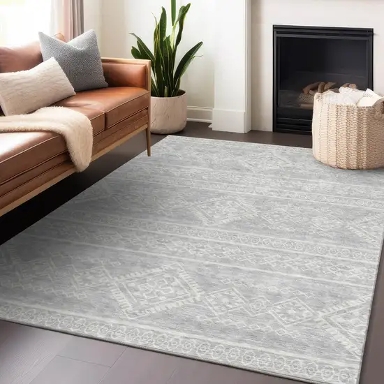 Silver And Ivory Southwestern Washable Indoor Outdoor Area Rug Photo 9