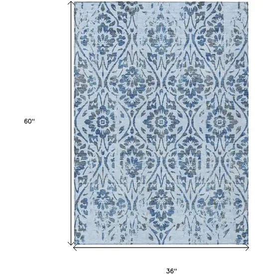 Sky Blue And Dark Blue Floral Washable Indoor Outdoor Area Rug Photo 3