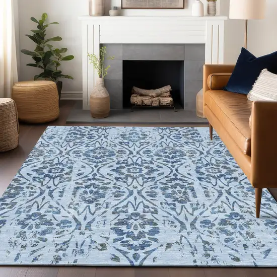 Sky Blue And Dark Blue Floral Washable Indoor Outdoor Area Rug Photo 9