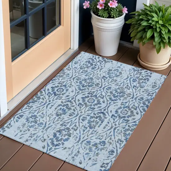 Sky Blue And Dark Blue Floral Washable Indoor Outdoor Area Rug Photo 1