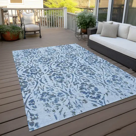 Sky Blue And Dark Blue Floral Washable Indoor Outdoor Area Rug Photo 8