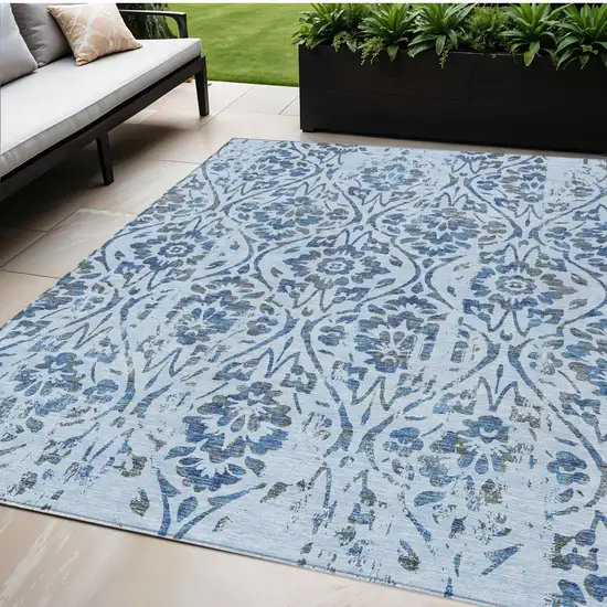 Sky Blue And Dark Blue Floral Washable Indoor Outdoor Area Rug Photo 1