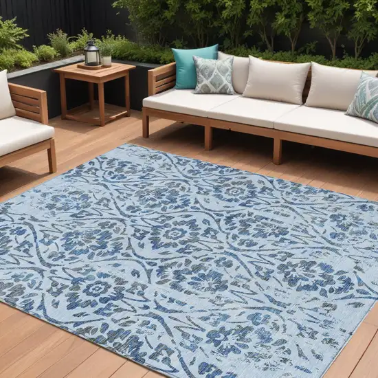 Sky Blue And Dark Blue Floral Washable Indoor Outdoor Area Rug Photo 1