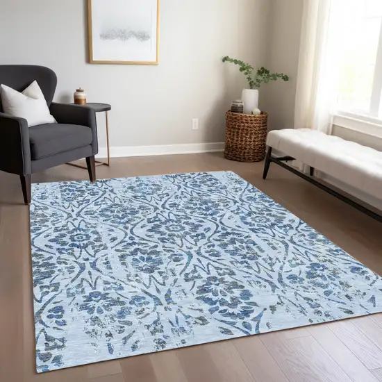 Sky Blue And Dark Blue Floral Washable Indoor Outdoor Area Rug Photo 9