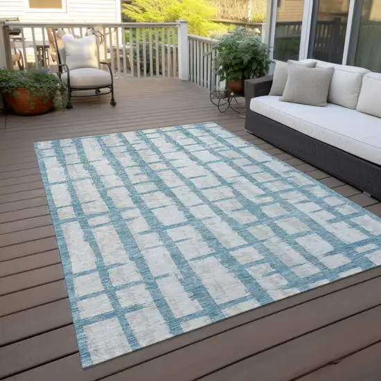 Sky Blue And Gray Striped Washable Indoor Outdoor Area Rug Photo 8