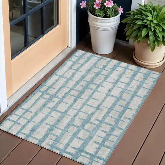 Sky Blue And Gray Striped Washable Indoor Outdoor Area Rug Photo 1