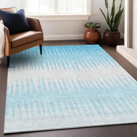 Sky Blue And Gray Striped Washable Indoor Outdoor Area Rug Photo 8
