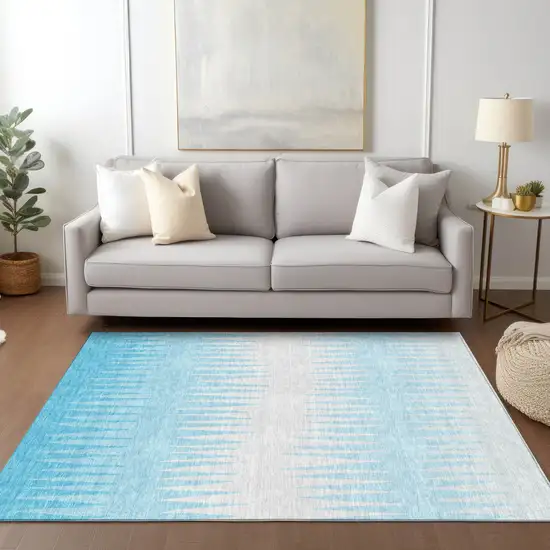 Sky Blue And Gray Striped Washable Indoor Outdoor Area Rug Photo 9