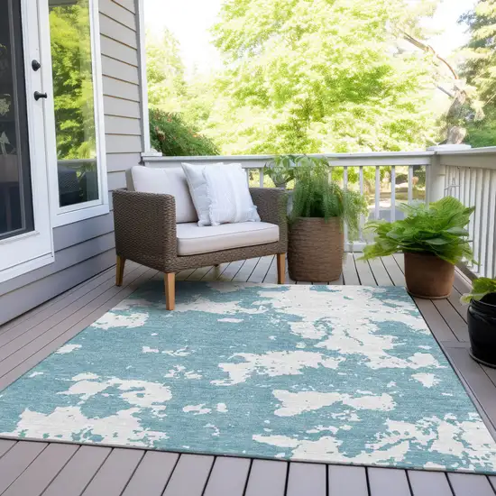 Sky Blue And Ivory Abstract Washable Indoor Outdoor Area Rug Photo 8