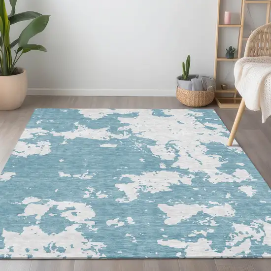 Sky Blue And Ivory Abstract Washable Indoor Outdoor Area Rug Photo 9