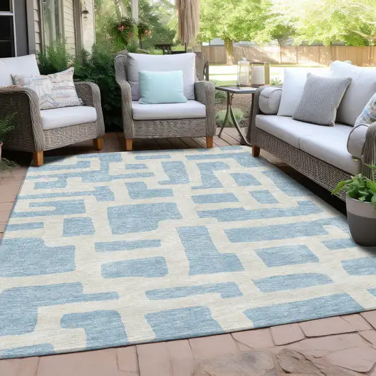Sky Blue And Ivory Abstract Washable Indoor Outdoor Area Rug Photo 8