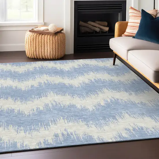Sky Blue And Ivory Chevron Washable Indoor Outdoor Area Rug Photo 6