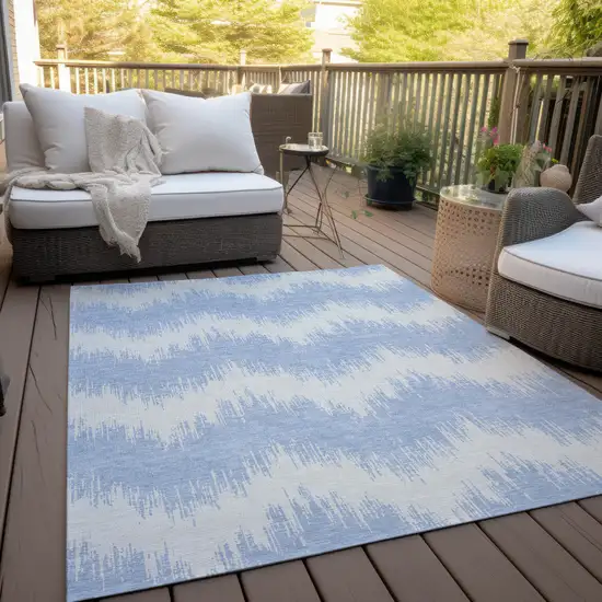 Sky Blue And Ivory Chevron Washable Indoor Outdoor Area Rug Photo 9
