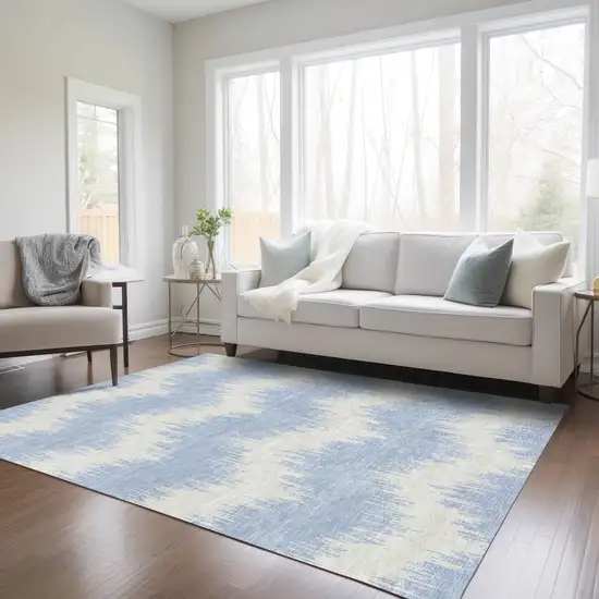 Sky Blue And Ivory Chevron Washable Indoor Outdoor Area Rug Photo 8
